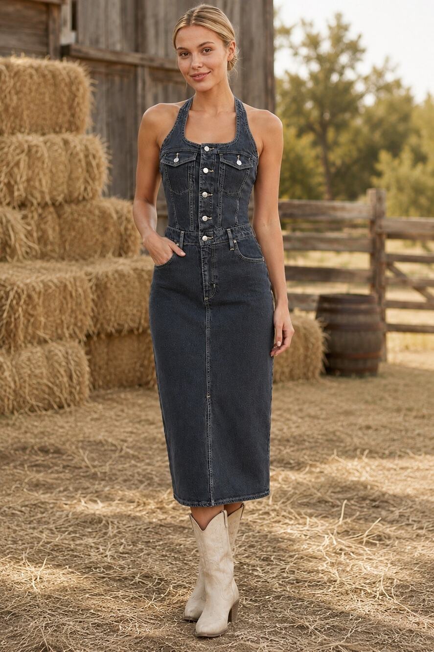 NWT Black Denim Halter Midi Dress Button Front Open Back Universal Thread Size 6